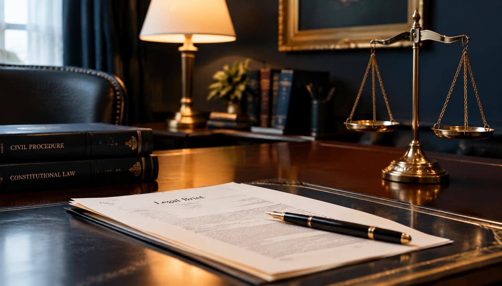 Attorney's desk with legal documents and scales of justice